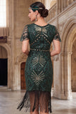 Dark Green Round Neck Sequins  Beaded Sheer Flutter Sleeves 1920s Dress with Fringes