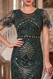 Dark Green Round Neck Sequins  Beaded Sheer Flutter Sleeves 1920s Dress with Fringes
