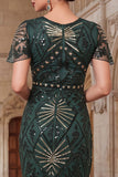 Dark Green Round Neck Sequins  Beaded Sheer Flutter Sleeves 1920s Dress with Fringes