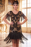 Black Golden Round Neck Sheath Sequins 1920s Dress with Fringes