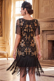 Black Golden Round Neck Sheath Sequins 1920s Dress with Fringes