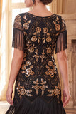 Black Golden Round Neck Sheath Sequins 1920s Dress with Fringes