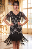Black Golden Round Neck Sheath Sequins 1920s Dress with Fringes