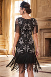 Black Golden Round Neck Sheath Sequins 1920s Dress with Fringes