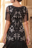 Black Golden Round Neck Sheath Sequins 1920s Dress with Fringes