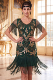 Black Golden Round Neck Sheath Sequins 1920s Dress with Fringes