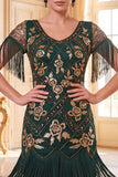 Black Golden Round Neck Sheath Sequins 1920s Dress with Fringes