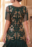 Black Golden Round Neck Sheath Sequins 1920s Dress with Fringes