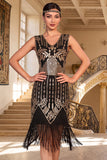Black Golden V-Neck Sheath Sequins 1920s Dress with Fringes