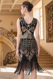 Black Golden V-Neck Sheath Sequins 1920s Dress with Fringes