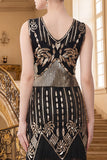 Black Golden V-Neck Sheath Sequins 1920s Dress with Fringes