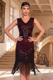 Black Golden V-Neck Sheath Sequins 1920s Dress with Fringes