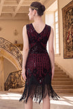 Black Golden V-Neck Sheath Sequins 1920s Dress with Fringes
