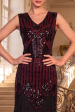 Black Golden V-Neck Sheath Sequins 1920s Dress with Fringes