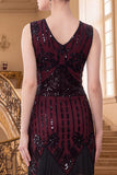 Black Golden V-Neck Sheath Sequins 1920s Dress with Fringes