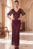 Burgundy V-Neck Sheath Sequins Short Sheer Sleeves Long 1920s Dress