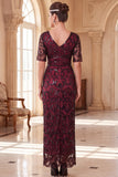 Burgundy V-Neck Sheath Sequins Short Sheer Sleeves Long 1920s Dress