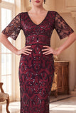 Burgundy V-Neck Sheath Sequins Short Sheer Sleeves Long 1920s Dress