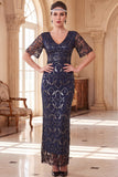Burgundy V-Neck Sheath Sequins Short Sheer Sleeves Long 1920s Dress