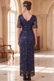 Burgundy V-Neck Sheath Sequins Short Sheer Sleeves Long 1920s Dress