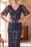 Burgundy V-Neck Sheath Sequins Short Sheer Sleeves Long 1920s Dress