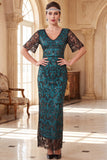 Burgundy V-Neck Sheath Sequins Short Sheer Sleeves Long 1920s Dress
