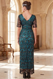 Burgundy V-Neck Sheath Sequins Short Sheer Sleeves Long 1920s Dress