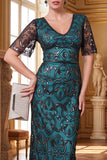 Burgundy V-Neck Sheath Sequins Short Sheer Sleeves Long 1920s Dress