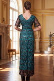 Burgundy V-Neck Sheath Sequins Short Sheer Sleeves Long 1920s Dress