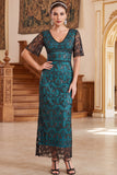Burgundy V-Neck Sheath Sequins Short Sheer Sleeves Long 1920s Dress