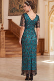 Burgundy V-Neck Sheath Sequins Short Sheer Sleeves Long 1920s Dress