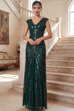 Dark Green V-Neck Cap Sleeves Sheath Sequins Chiffon 1920s Dress