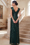 Dark Green V-Neck Cap Sleeves Sheath Sequins Chiffon 1920s Dress