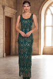 Dark Green Scoop Neck Sheath Beaded Sequins Long 1920s Flapper Dress with Fringes
