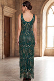 Dark Green Scoop Neck Sheath Beaded Sequins Long 1920s Flapper Dress with Fringes