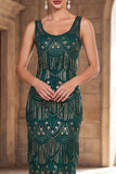 Dark Green Scoop Neck Sheath Beaded Sequins Long 1920s Flapper Dress with Fringes