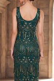 Dark Green Scoop Neck Sheath Beaded Sequins Long 1920s Flapper Dress with Fringes