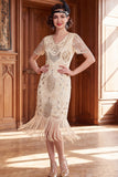 Apricot V-Neck Sheath Sequins Short Sleeves 1920s Dress with Fringes