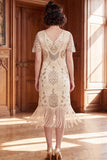 Apricot V-Neck Sheath Sequins Short Sleeves 1920s Dress with Fringes