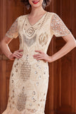 Apricot V-Neck Sheath Sequins Short Sleeves 1920s Dress with Fringes