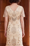 Apricot V-Neck Sheath Sequins Short Sleeves 1920s Dress with Fringes