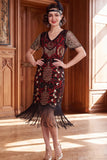 Apricot V-Neck Sheath Sequins Short Sleeves 1920s Dress with Fringes