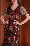 Apricot V-Neck Sheath Sequins Short Sleeves 1920s Dress with Fringes