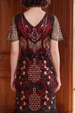 Apricot V-Neck Sheath Sequins Short Sleeves 1920s Dress with Fringes