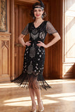Apricot V-Neck Sheath Sequins Short Sleeves 1920s Dress with Fringes
