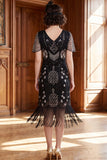 Apricot V-Neck Sheath Sequins Short Sleeves 1920s Dress with Fringes