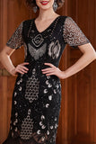 Apricot V-Neck Sheath Sequins Short Sleeves 1920s Dress with Fringes