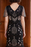 Apricot V-Neck Sheath Sequins Short Sleeves 1920s Dress with Fringes