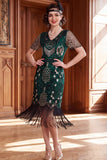 Apricot V-Neck Sheath Sequins Short Sleeves 1920s Dress with Fringes