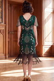 Apricot V-Neck Sheath Sequins Short Sleeves 1920s Dress with Fringes